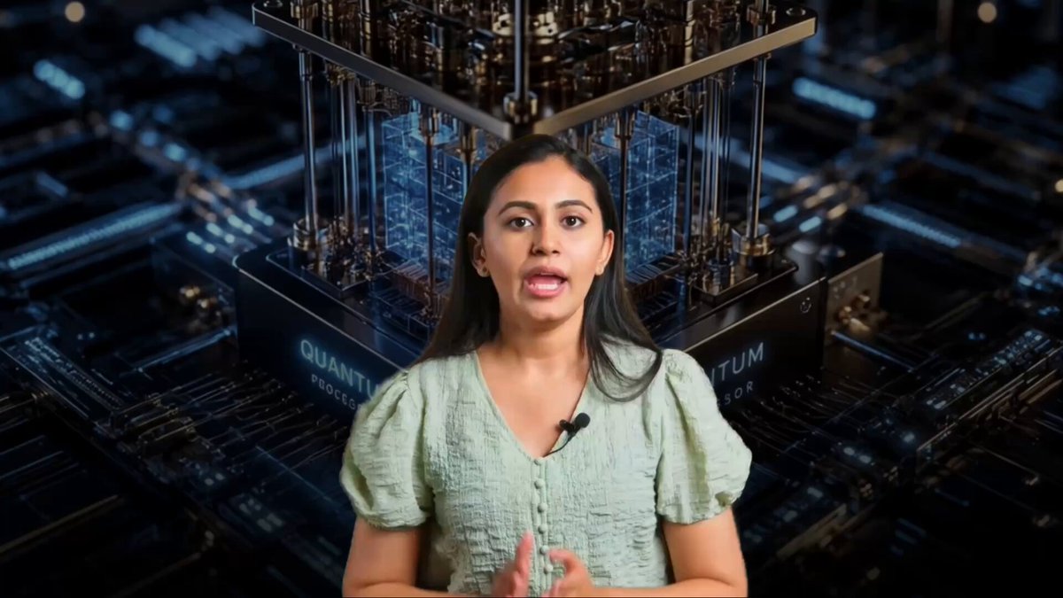 The image features a woman wearing a green blouse, standing in front of a computer screen with a caption about Quantum computing. The caption explains that Quantum computing breaks encryption by forcing attackers to find a different target during processing. This new target is not plaintext but rather an encrypted message or data. The woman appears to be discussing the implications and challenges associated with this advanced technology.