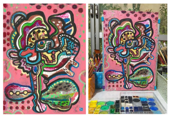 A side-by-side image showing a colorful abstract painting of a flower-like figure on a pink background, alongside a photo of the same painting on an easel surrounded by art supplies.