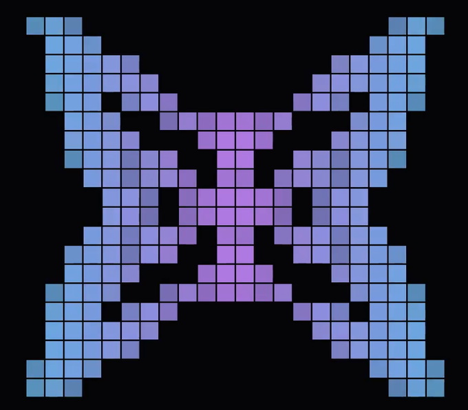 A pixel art design featuring a symmetrical pattern of blue and purple squares on a black background.