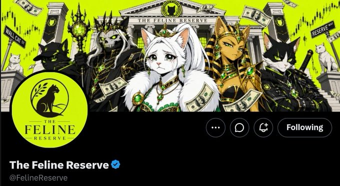 A Twitter/X profile header and avatar for 'The Feline Reserve' (@FelineReserve), featuring an anime-style illustration of cats dressed in royal Egyptian-inspired attire with floating money.