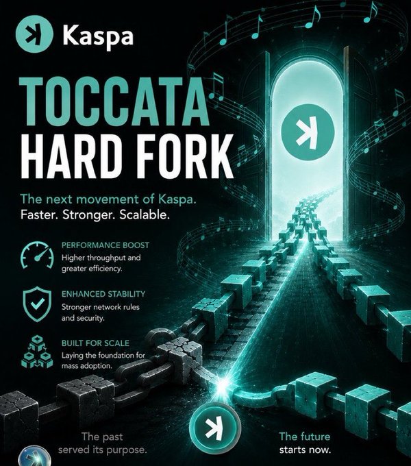 A promotional poster for the 'Kaspa Toccata Hard Fork' with the tagline 'The next movement of Kaspa. Faster. Stronger. Scalable.'
