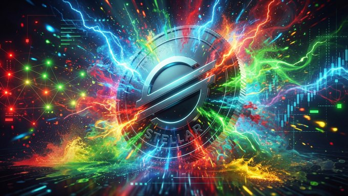 A vibrant digital artwork features the Stellar (XLM) cryptocurrency logo surrounded by colorful electric energy, financial charts, and digital particles.