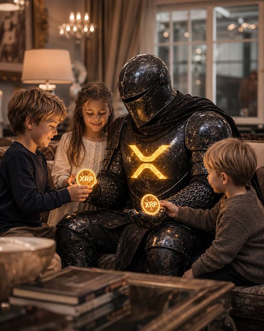 A knight in dark armor with a glowing "X" emblem sits surrounded by three children holding XRP coins, illustrating the post's message about long-term investment courage. The "XRP" text on the coins ties directly to the morning rally call, symbolizing generational wealth passed down to grandchildren.