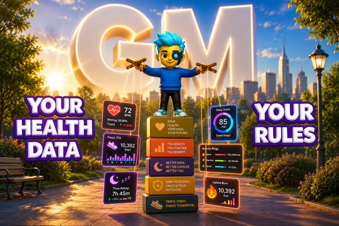 A vibrant 3D promotional graphic featuring a blue-haired puppet-like character standing on health tracking data boxes (heart rate, sleep, steps), with 'GM' in large letters and the slogans 'YOUR HEALTH DATA' and 'YOUR RULES.'