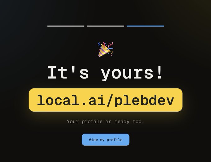A graphic celebrating a custom URL with a party popper emoji, displaying "It's yours!" above "local.ai/plebdev" and a "View my profile" button, noting "Your profile is ready too."