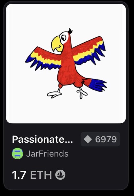 A digital NFT listing titled 'Passionate...' by JarFriends, priced at 1.7 ETH, featuring a child-like drawing of a red parrot with colorful wings.