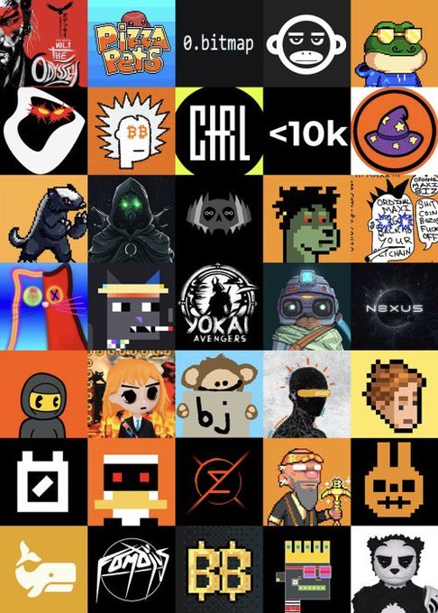 A grid collage of various meme characters, logos, and pixel art avatars including 'Pizza Pets', '0.bitmap', 'Yokai Avengers', 'Nexus', and 'Dad' icons.