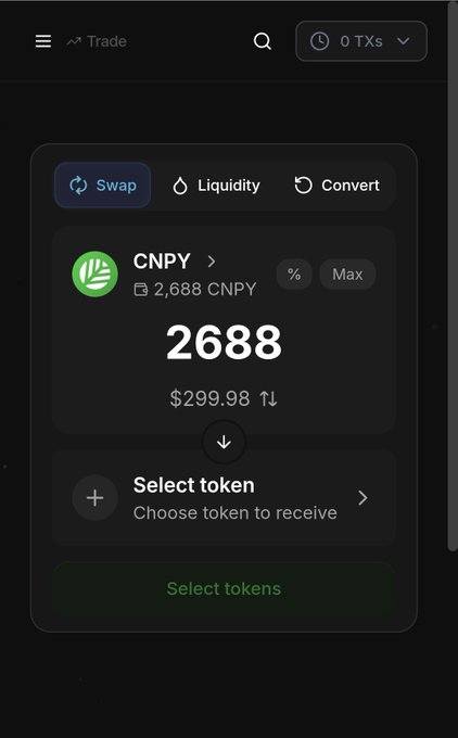 A cryptocurrency swap interface on a dark-themed app showing a token swap from CNPY (2688 tokens, $299.98) with options for Swap, Liquidity, and Convert tabs.