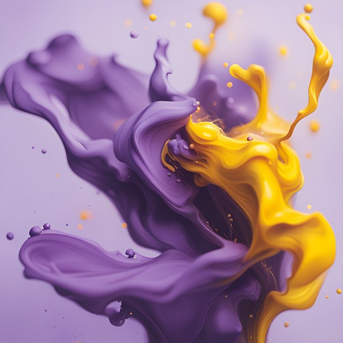 A 3D-rendered image of swirling, liquid-like splashes of glossy purple and yellow paint colliding against a soft lavender background with small floating droplets.
