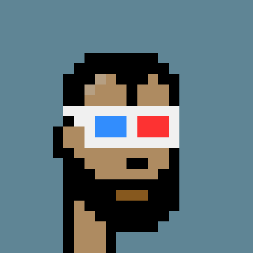 A pixel art illustration of a person with dark hair wearing 3D glasses with red and blue lenses against a blue-gray background.