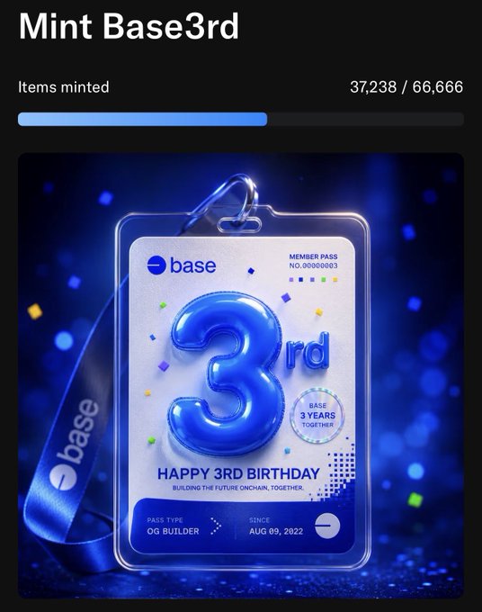A digital NFT 'Mint Base3rd' page showing '37,238 / 66,666' items minted, featuring a 3rd anniversary member pass for 'base' with text 'HAPPY 3RD BIRTHDAY', 'BUILDING THE FUTURE ONCHAIN, TOGETHER.', and 'MEMBER PASS NO. 000000003'.