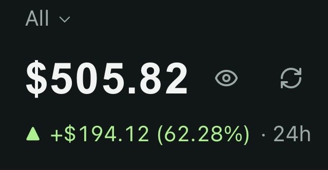 A financial dashboard displaying a value of $505.82 with a green upward arrow indicating a gain of +$194.12 (62.28%) over 24 hours.