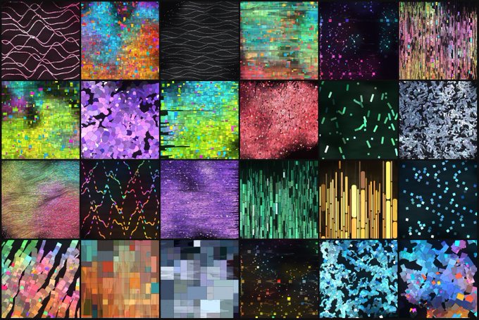 A grid of 24 abstract, colorful textured images with various patterns, colors, and artistic styles.