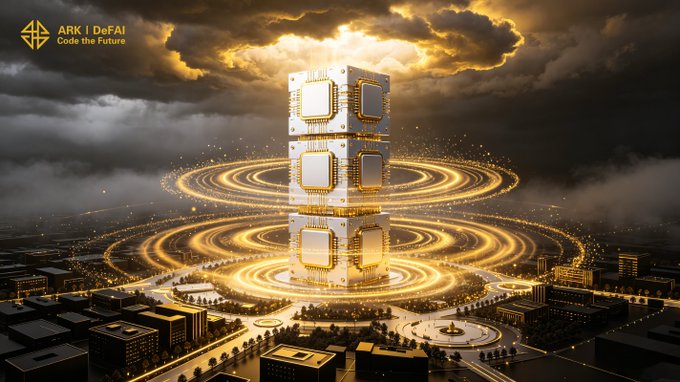 The image depicts a glowing, futuristic tower made of stacked golden server-like modules, radiating light rings over a cityscape, with the text "ARK I DeFAI — Code the Future" in the upper left. The layered, ascending structure visually mirrors the post's message about building the Arkie AI App step by step, illustrating how scale is achieved through incremental, layered innovation rather than a single breakthrough.