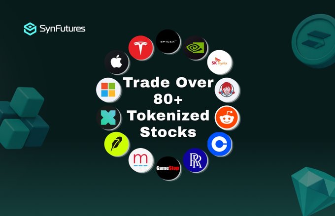 A promotional graphic for SynFutures advertising the ability to 'Trade Over 80+ Tokenized Stocks,' featuring a circular arrangement of company logos including Apple, Tesla, SpaceX, NVIDIA, Microsoft, and others on a dark green background.