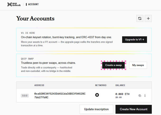 A Quip Network account dashboard showing a V1 account upgrade option, trustless QUIP SWAP feature, and an ETH account balance of 0.068 ETH.