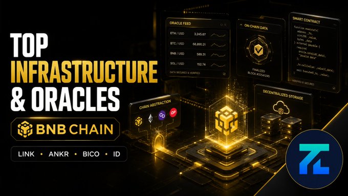 A promotional graphic titled 'TOP INFRASTRUCTURE & ORACLES' showcases BNB Chain with partner tickers LINK, ANKR, BICO, and ID, featuring panels for 'ORACLE FEED', 'ON-CHAIN DATA', 'SMART CONTRACT', 'CHAIN ABSTRACTION', and 'DECENTRALIZED STORAGE' with a 'Z' logo.