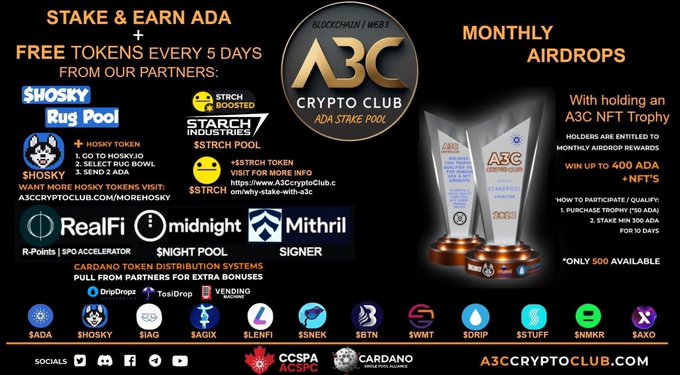 Promotional banner for A3C Crypto Club, an ADA stake pool offering monthly airdrops, free tokens every 5 days from partners like Hosky and Strch, and NFT trophies for ADA holders.