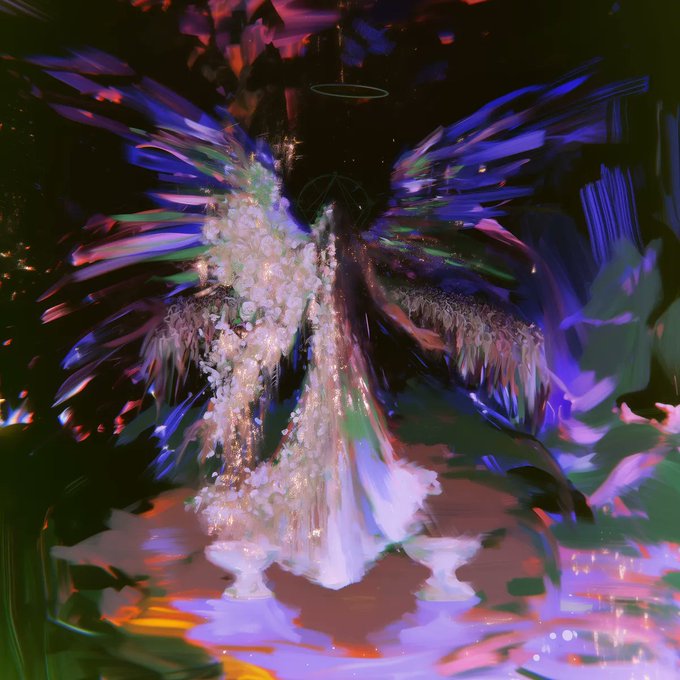 An abstract digital artwork titled "Archangel Barachiel" featuring a luminous, winged celestial figure amidst swirling purple and blue hues. The piece serves as a companion to a full moon airdrop, as mentioned in the accompanying post.