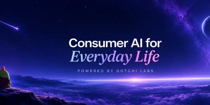 A promotional graphic featuring a cosmic purple sky with the text 'Consumer AI for Everyday Life' and 'POWERED BY GOTCHI LABS'.