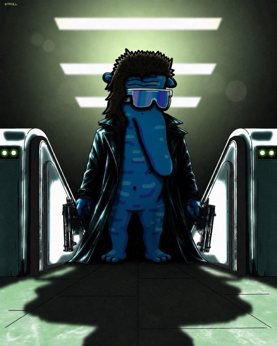 Digital artwork of a blue cartoon troll character wearing sunglasses and a black trench coat, holding two guns in a futuristic corridor with turnstiles, marked with '#TROLL'.