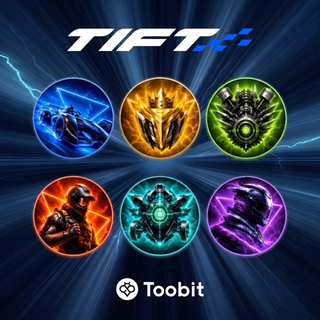 A promotional graphic for TIFT 2026 displayed on Toobit features six circular team emblems arranged in two rows against a dark, lightning-streaked background: a blue racing car, a golden crowned shield, a green mechanical engine, a red-suited driver, a teal futuristic vehicle, and a purple armored helmet, with the "TIFT" logo at the top and the Toobit logo and name at the bottom.