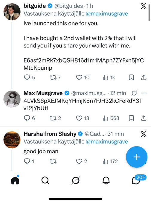 A Twitter/X thread where user @bitguides posts a wallet address 'E6asf2mRk7xbQSH816d1m1MAph7ZYFxn5jYCMtcKpump' claiming to send 2% of a wallet to @maximusgrave, followed by replies from Max Musgrave and Harsha from Slashy.