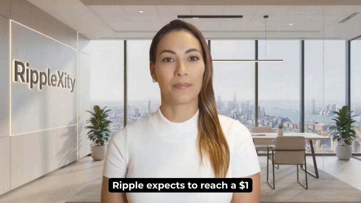 The image features an office setting with a woman standing near a sign that reads "Ripple". She appears to be in front of a large window overlooking city buildings. The main focus of the image is her face, which can be seen clearly from various angles. In addition, there are some plants visible next to her and behind her, adding a touch of greenery to the office environment.