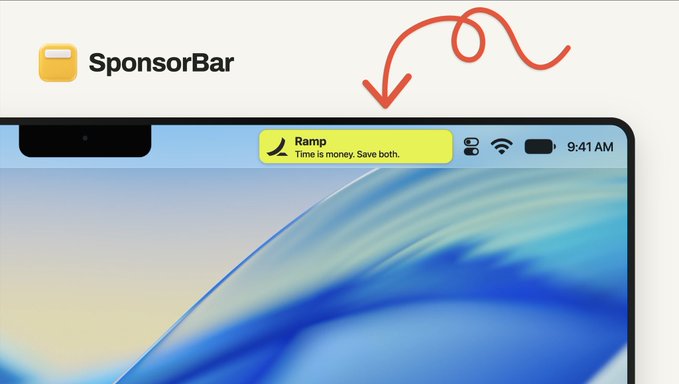 The image displays a Mac menu bar featuring "SponsorBar" branding alongside a notification from Ramp that reads "Time is money. Save both.," at 9:41 AM, with a hand-drawn arrow pointing toward the Ramp alert. The accompanying post about copying "Grass spyware" suggests the image is being used to criticize SponsorBar for mimicking the invasive, data-harvesting nature of Grass spyware by embedding sponsored ads in users' menu bars.