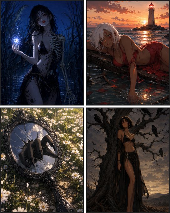 A collage of four dark, gothic-style fantasy illustrations: a skeletal woman holding a blue orb, a white-haired woman by the sea at sunset, a hand reaching out of a cracked mirror in a field of flowers, and a woman standing under a dark tree surrounded by crows.