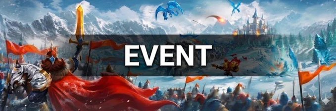 A fantasy illustration of a medieval battle with a knight holding a sword and red flags, with the word "EVENT" displayed in the center.