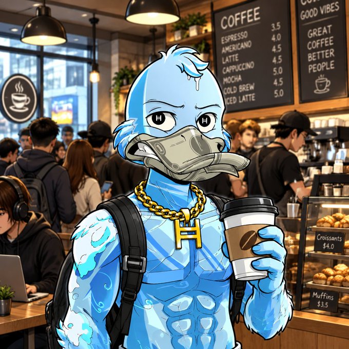 A blue bird-like cartoon character wearing a gray face mask, gold chain with an “H” pendant, backpack, and holding a coffee cup stands in a busy café.