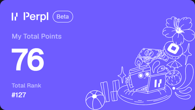 A Perpl Beta loyalty card showing "My Total Points: 76" and "Total Rank: #127," featuring decorative illustrations of beach items, tropical flowers, and a laptop with the Perpl logo, supporting the post's celebration of earning 76 points on the Perpl platform since starting in week 5.