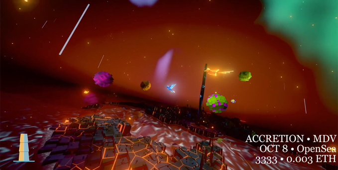 An abstract digital artwork displays floating geometric shapes over a hexagonal landscape against a dark, glowing sky, with overlay text reading 'ACCRETION • MDV OCT 8 • OpenSea 3333 • 0.003 ETH'.