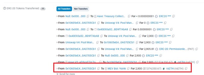 ERC-20 token transfers list showing a highlighted transaction of rsETH from 0x10605eE4...0A0705Cb1 to MEV Bot: Yoink worth approximately $7,574,550.