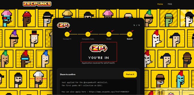 A "ZEC Punks" NFT whitelist application page showing a yellow pixel art character background with a confirmation modal displaying "YOU'RE IN" and an application ID for @0xFree2D, alongside text noting it didn't apply for the Greypunks whitelist and referencing the ZEC ecosystem punks collection.