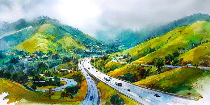 A watercolor painting showing a scenic view of a highway winding through lush green hills and valleys.