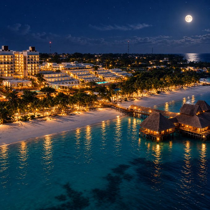 An aerial nighttime photograph captures a tropical resort beach with a full moon in the sky, warm lights illuminating the shoreline, palm trees, thatched-roof overwater bungalows on stilts, and turquoise waters.
