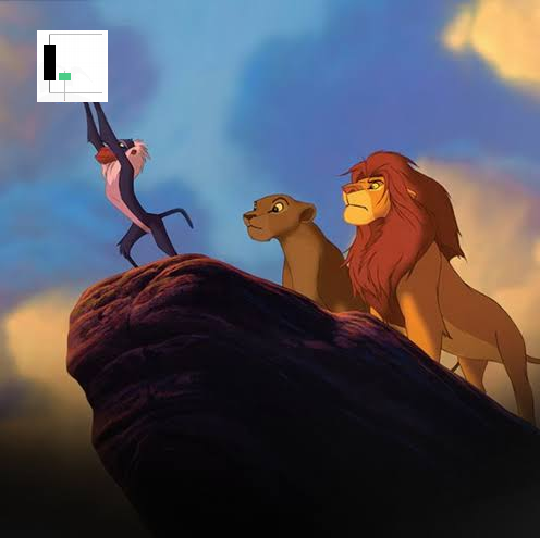 A scene from The Lion King showing Rafiki presenting the lion cub Simba on Pride Rock to Mufasa and Sarabi.