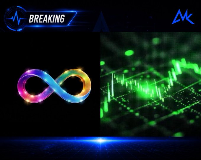 Breaking news graphic featuring a colorful infinity symbol and a green digital chart, possibly representing a market update.