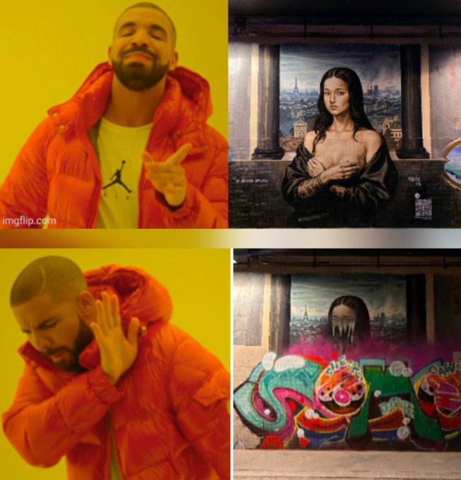 This "Drake Hotline Bling" meme contrasts a classic, serene painting of a woman in front of a Parisian cityscape with a version of the same image defaced by colorful, chaotic graffiti. The caption "Gm" (Good morning) combined with the meme suggests a humorous commentary on the inevitable disruption or "messiness" of the day ahead.