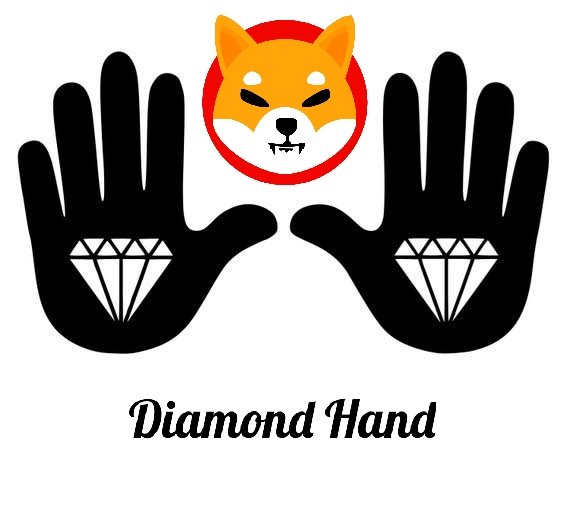 A logo featuring two black hands with diamond symbols on the palms, flanking a Shiba Inu dog head, with the text "Diamond Hand" below, reinforcing the post's message about $SHIB holders with strong conviction.