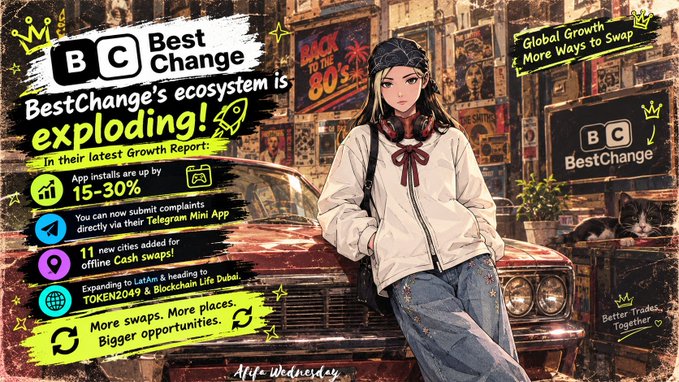 A promotional graphic for "BC BestChange" declaring their ecosystem is "exploding," highlighting a 15-30% increase in app installs, 11 new offline Cash swap cities, and a Telegram Mini App launch, branded as "Alpha Wednesday."