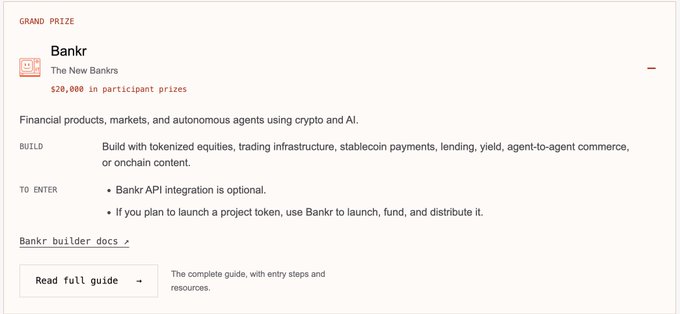 Webpage detail for a 'GRAND PRIZE' hackathon track called 'Bankr - The New Banks' offering $20,000 in prizes for building crypto/AI financial products and tokenized equities.