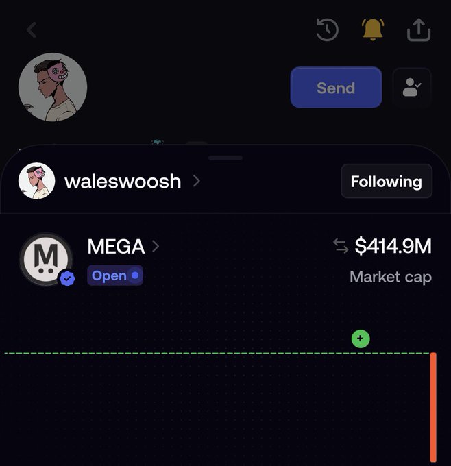 A screenshot of a mobile app profile for "waleswoosh" showing a token called "MEGA" with an "Open" status and a market cap of $414.9M.