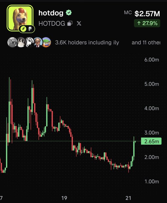 A cryptocurrency chart for the 'hotdog' (HODDOG) token with a market cap of $2.57M, showing a 27.9% increase, held by 3.6K holders including 'ily'.