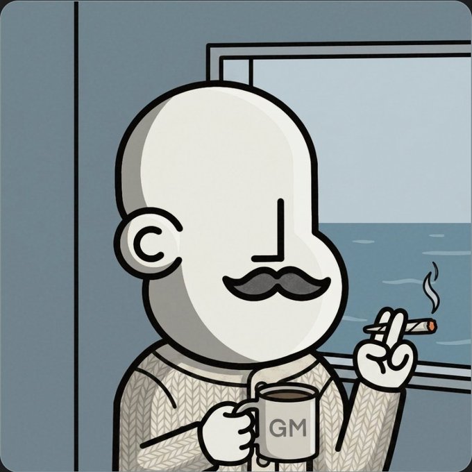 Illustration of a cartoon bald man with a mustache holding a mug labeled 'GM' and smoking a cigarette, with the ocean visible through a window behind him.