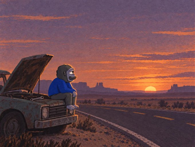 An illustration of a monkey character wearing a blue shirt and aviator goggles, sitting on the hood of a rusty old truck with the hood open, watching a sunset over a desert highway with mesas in the distance.