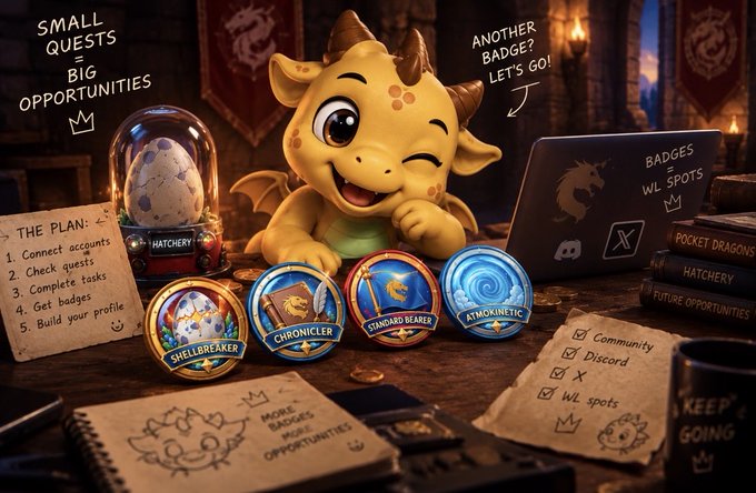 A cartoon dragon mascot winking and surrounded by badges labeled 'Shellbreaker', 'Chronicler', 'Standard Bearer', and 'Atmokinetic', alongside a 'THE PLAN' checklist and notes about 'Badges' and 'WL Spots'.