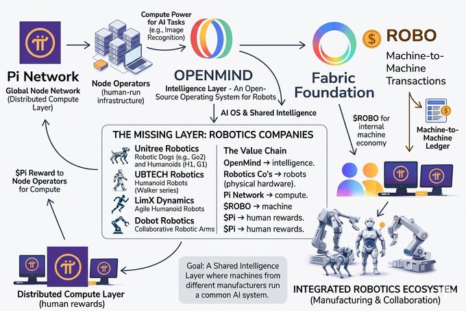 Diagram illustrating an integrated robotics ecosystem featuring Pi Network, OpenMind, Fabric Foundation, and $ROBO, detailing the connection between distributed compute, AI intelligence, and robotic companies like Unitree, UBTECH, LimX Dynamics, and Dobot.